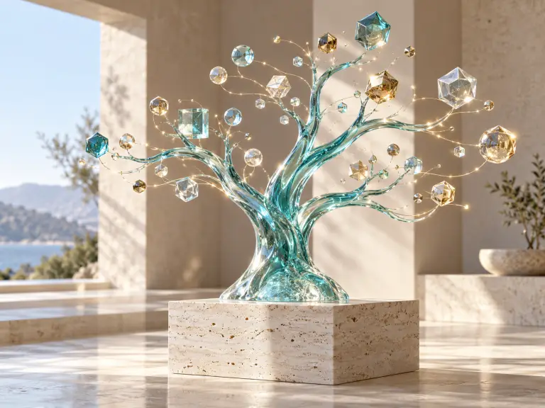 Illustrazione generata con AI: albero di vetro azzurro con ramificazioni luminose e forme geometriche.
