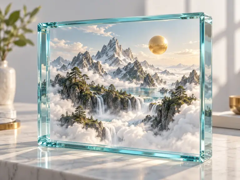 Illustrazione generata con AI: paesaggio fantastico di montagne e nuvole racchiuso in una cornice di vetro.