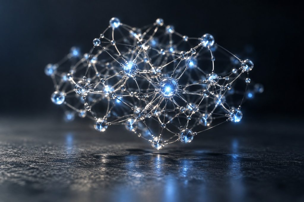 Rete di nodi e connessioni luminose che rappresenta l’intelligenza artificiale