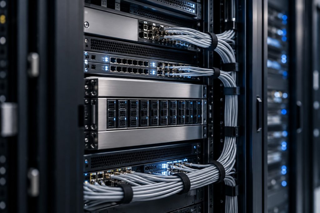 Server e apparati di rete in un rack con cablaggio ordinato