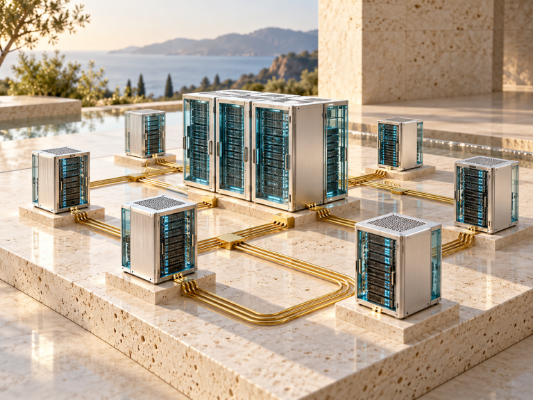 Illustrazione generata con AI: moduli server collegati da una rete ordinata su una base in pietra.