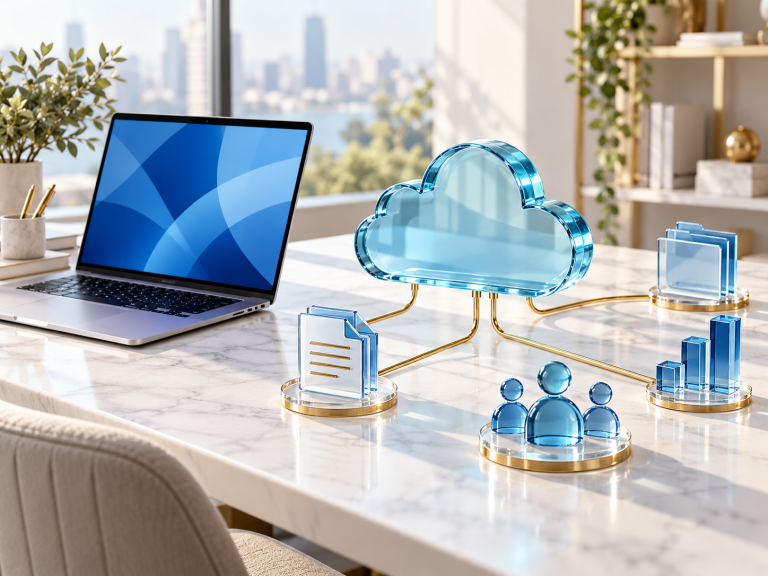 Illustrazione generata con AI: laptop e cloud di vetro collegati a documenti e figure che rappresentano la collaborazione.